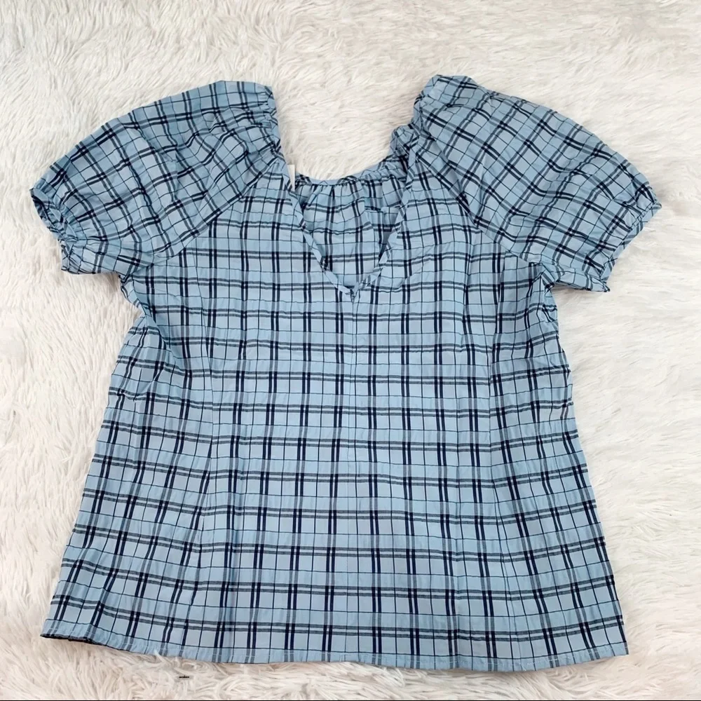 J Crew New V-back puff-sleeve top blouse in textured‎ plaid blue mist navy